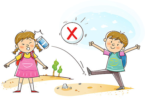 전신 나무 식물 여자 남자 어린이 포즈 가방 일러스트 장난 책가방 서기 안전 사람 소녀 소년 야외 두명 팻말 금지 캔 킥 보호 X 위험 예방 생활안전 안전수칙 규칙 조심 어린이만 국내일러스트 AI파일 알파벳 잡화 컨셉 모션 프레임 파일형식 벡터