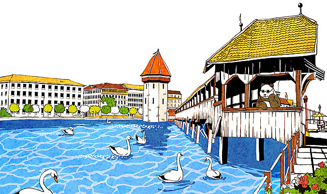 PSD 나무 식물 동물 해외 건축물 계절 건축 꽃 호수 백그라운드 일러스트 곰 포유류 조류 풍경 사람없음 건물 물 여름 관광지 연못 판다 스위스 휴양지 백조 취리히호수 국내일러스트 자연요소 유럽 여행 장소 파일형식