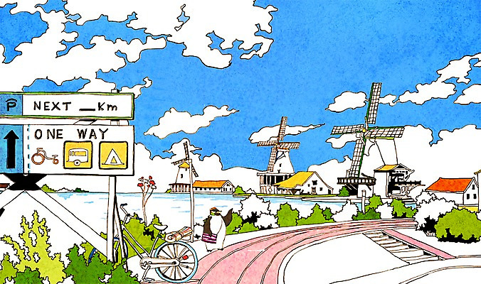 PSD 나무 식물 동물 구름 해외 계절 호수 교통수단 백그라운드 일러스트 조류 하늘 풍경 사람없음 물 여름 관광지 자전거 풍차 연못 네덜란드 펭귄 휴양지 잔세스칸스 국내일러스트 자연요소 유럽 여행 교통 바이크 장소 파일형식