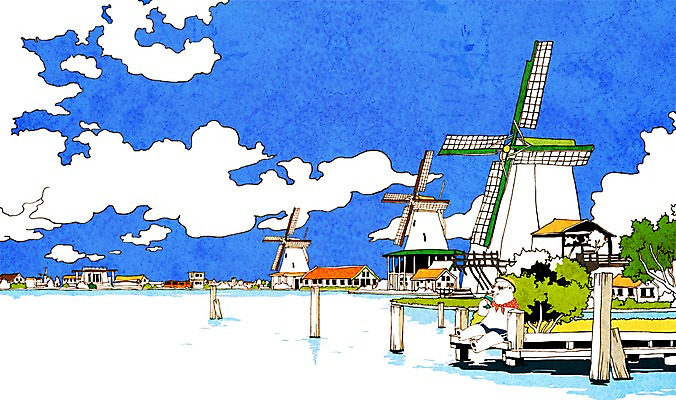 PSD 나무 식물 동물 구름 해외 계절 호수 백그라운드 일러스트 곰 포유류 하늘 풍경 사람없음 물 여름 관광지 풍차 연못 네덜란드 휴양지 북극곰 잔세스칸스 국내일러스트 자연요소 유럽 여행 장소 파일형식