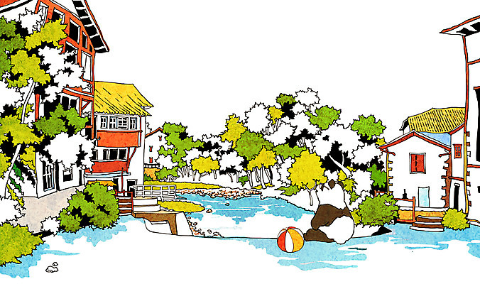 PSD 나무 식물 동물 계절 호수 백그라운드 일러스트 곰 포유류 물놀이 풍경 빌딩 사람없음 건물 물 여름 관광지 계곡 판다 휴양지 펜션 국내일러스트 자연요소 건축물 여행 놀이 숙소 장소 파일형식