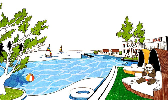 PSD 나무 식물 동물 계절 백그라운드 일러스트 곰 포유류 리조트 수영장 풍경 사람없음 물 여름 관광지 풀장 돛단배 판다 휴양지 튜브 선박 국내일러스트 자연요소 여행 수상교통 배_교통 장소 파일형식