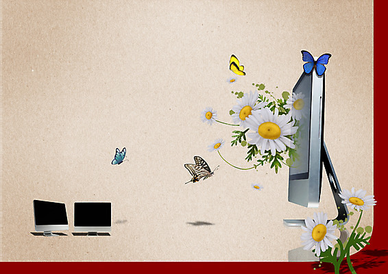 PSD 식물 동물 편집이미지 꽃 여러송이 나비 곤충 여러마리 정보기술 사람없음 전자제품 스마트기기 컴퓨터 스크린 모니터 통신기기 가전제품 스마트 아이맥 이미지편집 다수 컨셉 통신 기술 기계 파일형식