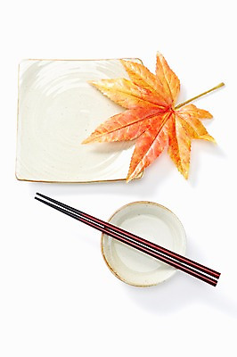 포토 JPG 스튜디오촬영 그릇 식기 접시 한쌍 생활용품 백그라운드 단풍 낙엽 잎 젓가락 주방용품 나뭇잎 실내 사람없음 하이앵글 도구 앞접시 국내포토 식물 뷰포인트 수저 내부 오브젝트 파일형식