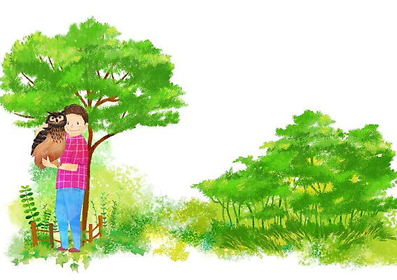 전신 PSD 나무 식물 동물 남자 행복 어린이 잎 일러스트 조류 함께함 한명 서기 미소 웃음 사람 소년 울타리 풀 부엉이 올빼미 소통 수리부엉이 남자만 남자한명만 어린이만 소년만 소년한명만 국내일러스트 1 감정 컨셉 모션 표정 담장 파일형식