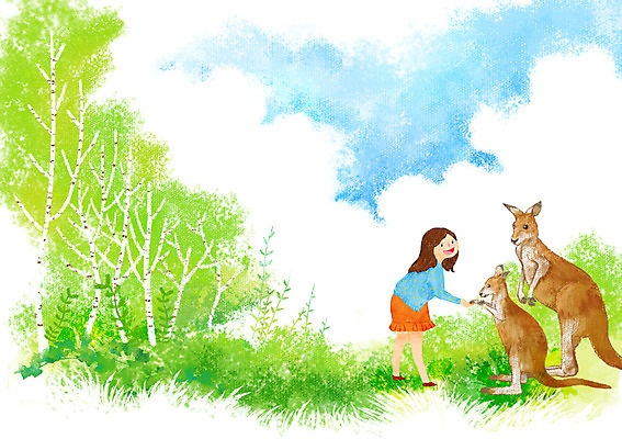 전신 PSD 나무 식물 동물 구름 여자 꽃 행복 어린이 동물캐릭터 잎 일러스트 포유류 하늘 함께함 한명 서기 미소 웃음 사람 소녀 풀 자작나무 캥거루캐릭터 소통 여자만 여자한명만 어린이만 소녀만 소녀한명만 일러캐릭터 자연요소 캐릭터 1 감정 컨셉 모션 표정 캥거루 파일형식