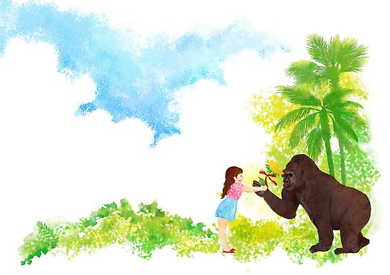 전신 PSD 나무 식물 동물 구름 여자 꽃 행복 어린이 잎 일러스트 포유류 하늘 함께함 한명 서기 미소 웃음 사람 소녀 야자수 풀 덩굴 고릴라 소통 여자만 여자한명만 어린이만 소녀만 소녀한명만 국내일러스트 자연요소 1 감정 컨셉 모션 표정 파일형식