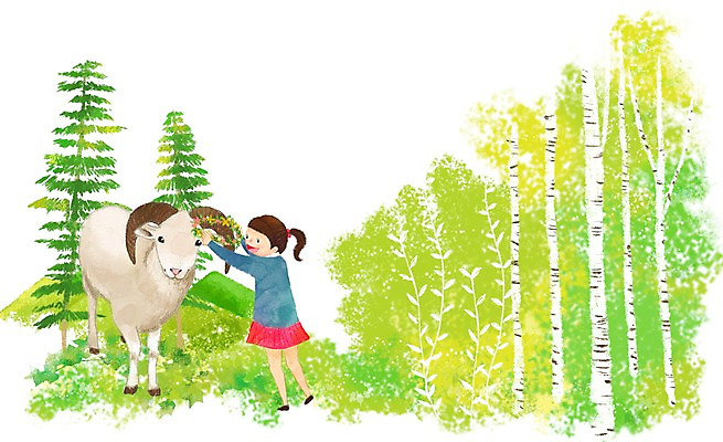 전신 PSD 나무 식물 동물 여자 꽃 행복 어린이 잎 일러스트 포유류 왕관 함께함 한명 서기 미소 웃음 사람 소녀 화관 양 풀 산양 자작나무 소통 여자만 여자한명만 어린이만 소녀만 소녀한명만 국내일러스트 1 감정 컨셉 모션 표정 멸종위기동물 파일형식