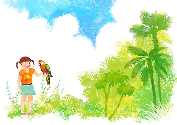 전신 PSD 나무 식물 동물 구름 여자 행복 어린이 잎 일러스트 조류 하늘 함께함 한명 서기 미소 웃음 사람 소녀 야자수 풀 앵무새 소통 여자만 여자한명만 어린이만 소녀만 소녀한명만 국내일러스트 자연요소 1 감정 컨셉 모션 표정 파일형식