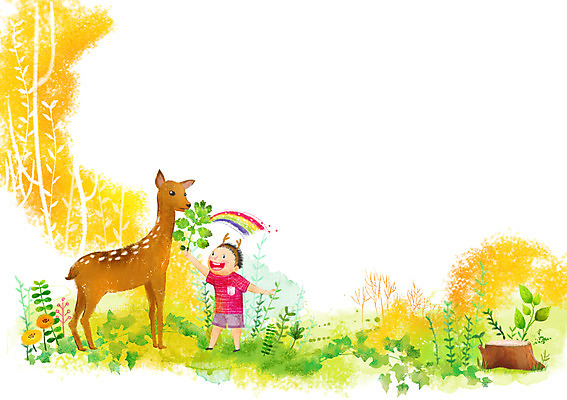 전신 PSD 나무 식물 동물 남자 행복 어린이 무지개 잎 일러스트 포유류 사슴 함께함 한명 서기 미소 웃음 사람 소년 기둥 풀 덩굴 먹이 나무기둥 나무밑둥 소통 남자만 남자한명만 어린이만 소년만 소년한명만 국내일러스트 자연요소 1 건축 감정 컨셉 모션 표정 파일형식