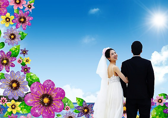 PSD 식물 구름 편집이미지 라이프스타일 커플 드레스 옷 여자 남자 꽃 행복 신부 커플라이프 웨딩드레스 신랑 결혼 꽃무늬 하늘 사랑 서기 미소 웃음 사람 동양인 정장 턱시도 상반신 20대 성인 두명 뒷모습 햇빛 태양 반사 팔짱 한국인 축하 뒤돌아보기 청년만 성인만 이미지편집 자연요소 감정 뷰포인트 컨셉 무늬 관계 모션 표정 인종 이벤트 청년 생활 파일형식