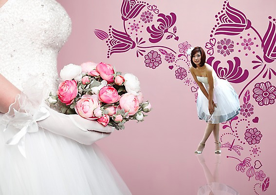 전신 PSD 외국인 식물 편집이미지 라이프스타일 드레스 여자 꽃 행복 신부 부케 웨딩드레스 포즈 장갑 결혼 사랑 서기 미소 웃음 들기 사람 동양인 성인 두명 중국인 축하 미니드레스 머리장식 여자만 성인여자만 성인만 이미지편집 잡화 옷 감정 꽃다발 컨셉 모션 표정 인종 이벤트 생활 장식 파일형식