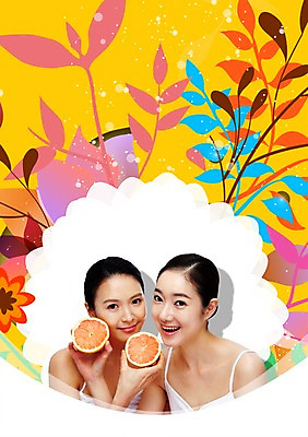 PSD 식물 편집이미지 문양 우먼라이프 라이프스타일 여자 열매 꽃 음식 잎 무늬 오렌지 과일 미소 웃음 들기 사람 동양인 상반신 20대 성인 두명 민소매 뷰티 한국인 풀 반쪽 슬라이스 여자만 성인여자만 청년만 청년여자만 성인만 이미지편집 상의 모션 표정 인종 청년 생활 파일형식