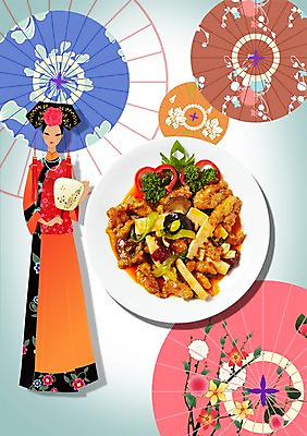 전신 PSD 편집이미지 모자 그릇 식기 접시 여자 음식 채소 피망 중국문화 파슬리 육류 요리 한명 서기 들기 사람 장식 중식 식사 부채 전통의상 음식전단 탕수육 여자만 여자한명만 이미지편집 1 동양문화 전통 잡화 외국문화 식재료 모션 전단 파일형식