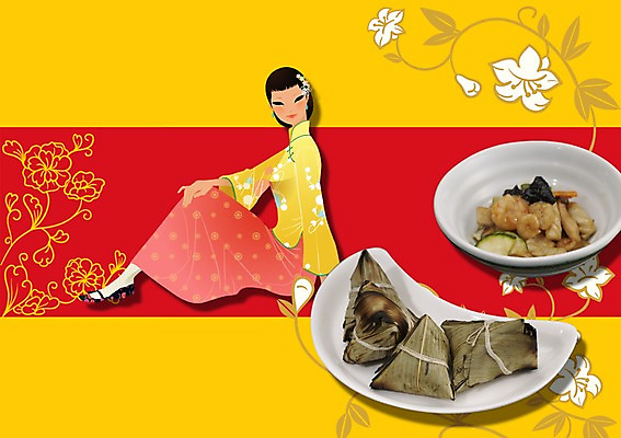 전신 PSD 식물 편집이미지 그릇 식기 접시 여자 꽃 음식 잎 밥 한명 사람 앉기 장식 중식 전통의상 쌈 음식전단 대나무연잎찰밥 잡탕밥 여자만 여자한명만 이미지편집 1 전통 모션 전단 파일형식