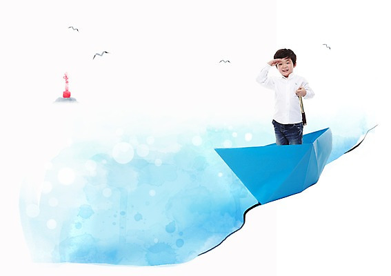 PSD 동물 편집이미지 교육 남자 포스터 어린이 바다 갈매기 조류 등대 한명 서기 미소 웃음 사람 소년 망원경 알림 전단 홍보물 종이배 선박 남자만 남자한명만 어린이만 소년만 소년한명만 이미지편집 1 수상교통 모션 표정 종이접기 파일형식