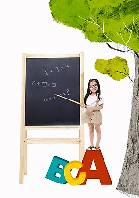 전신 PSD 나무 식물 편집이미지 알파벳 영어 여자 교육 포스터 어린이 알림판 한명 서기 미소 웃음 사람 소녀 칠판 블록 가리킴 막대기 알림 전단 홍보물 여자만 여자한명만 어린이만 소녀만 소녀한명만 이미지편집 문자 1 모션 표정 손짓 파일형식