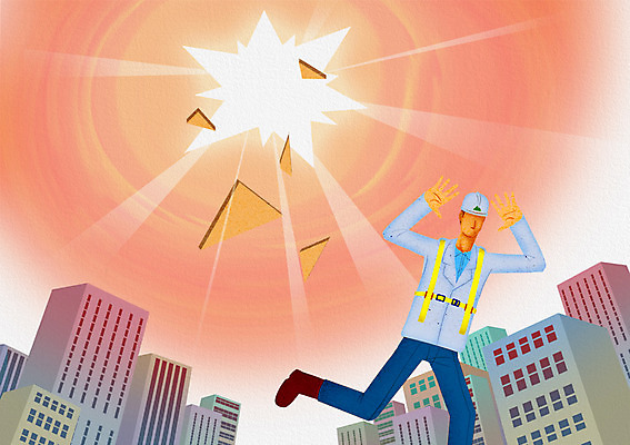 PSD 남자 일러스트 자연현상 자연 노동자 한명 서기 사람 빌딩 성인 건물 빛 햇빛 피해 고통 구멍 안전모 위험 자연재해 재해 오존층 자외선 남자만 남자한명만 성인남자만 성인만 국내일러스트 직업 1 건축물 감정 컨셉 모션 태양 헬멧 안전장비 생태계 파일형식