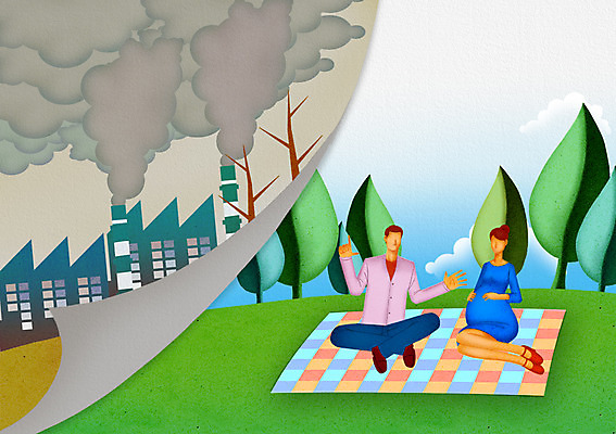 전신 PSD 나무 식물 여자 남자 일러스트 공장 자연현상 자연 굴뚝 사람 앉기 손짓 잔디 초원 성인 두명 건물 임산부 임신 피해 고통 풀 오염 연기 위험 자연재해 돗자리 재해 과거 매연 대기오염 현재 성인만 국내일러스트 건축물 감정 컨셉 공업 모션 환경오염 생태계 파일형식