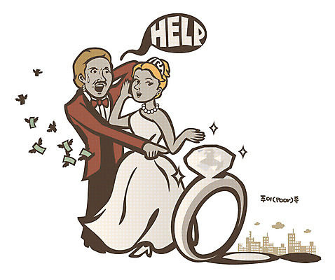 전신 부부 커플 드레스 여자 남자 신부 웨딩드레스 신랑 결혼 말풍선 지폐 돈 날개 일러스트 장신구 신혼부부 선물 서기 정장 턱시도 빌딩 성인 두명 건물 반지 가난 준비 예물 푸어족 부족 낭비 과소비 다이아몬드반지 보석반지 예물반지 혼수품 성인만 국내일러스트 AI파일 건축물 옷 컨셉 관계 모션 사람 이벤트 재산 소비 보석 오브젝트 신혼 신조어 파일형식 벡터