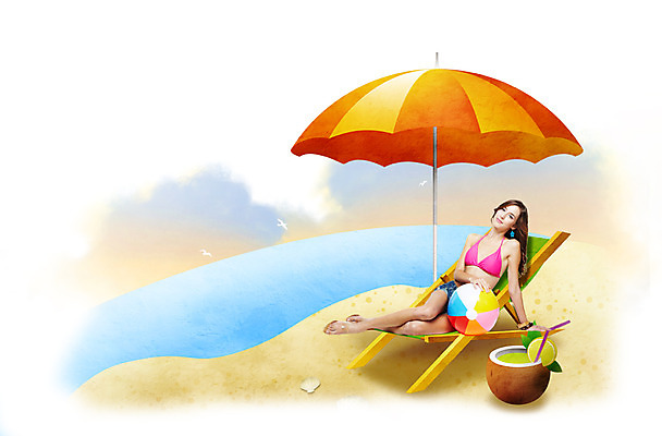 전신 PSD 편집이미지 계절 여자 수영복 여유 모래 바다 의자 공 휴가 한명 미소 웃음 사람 앉기 성인 해변 여름 여름휴가 바캉스 비키니 모래사장 파라솔 시원함 비치볼 선베드 여자만 여자한명만 성인여자만 성인만 이미지편집 1 옷 감정 가구 모션 바캉스용품 표정 파일형식 여름_계절