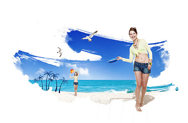 전신 PSD 나무 식물 동물 구름 편집이미지 계절 여자 여유 모래 바다 공 갈매기 조류 하늘 휴가 서기 미소 웃음 사람 성인 해변 두명 여름 여름휴가 바캉스 모래사장 야자수 시원함 비치볼 부메랑 여자만 성인여자만 성인만 이미지편집 자연요소 감정 모션 바캉스용품 표정 파일형식 여름_계절