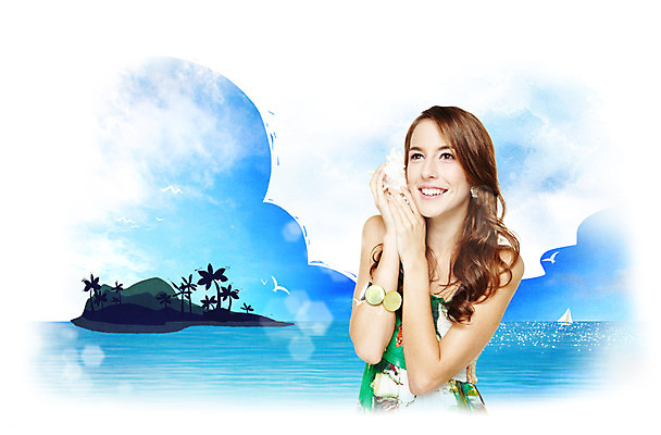 PSD 나무 식물 구름 편집이미지 계절 여자 여유 바다 섬 하늘 휴가 한명 서기 미소 웃음 사람 상반신 성인 해변 여름 여름휴가 바캉스 야자수 소리 듣기 소라 시원함 바람소리 여자만 여자한명만 성인여자만 성인만 이미지편집 자연요소 1 감정 모션 어패류 표정 파일형식 여름_계절