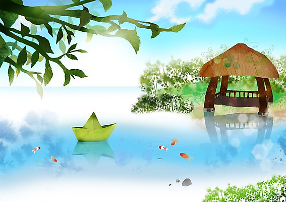 PSD 나무 식물 구름 사계절 계절 호수 백그라운드 일러스트 하늘 어류 풍경 사람없음 여름 연못 종이배 원두막 국내일러스트 자연요소 수중동물 종이접기 파일형식