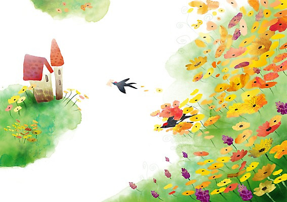 PSD 식물 동물 사계절 계절 꽃 백그라운드 두마리 꽃밭 일러스트 조류 풍경 사람없음 봄 우체통 메시지 편지 우편물 배송 제비 봄배경 국내일러스트 2 파일형식