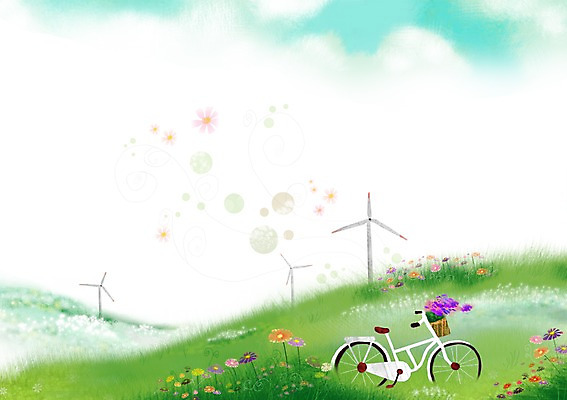 PSD 식물 사계절 계절 꽃 교통수단 백그라운드 교통 일러스트 풍경 초원 사람없음 자전거 봄 풍차 봄배경 국내일러스트 바이크 파일형식