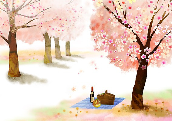PSD 나무 식물 사계절 계절 공원 꽃 백그라운드 일러스트 풍경 사람없음 소풍 바구니 와인 봄 벚꽃 벚나무 병 와인병 돗자리 도시락 봄배경 국내일러스트 식기 공공시설 음식 병_용기 주류 야외활동 파일형식