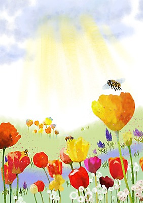 PSD 식물 동물 사계절 계절 꽃 곤충 백그라운드 꽃밭 일러스트 풍경 사람없음 빛 햇빛 봄 꿀벌 벌 봄배경 국내일러스트 태양 벌_곤충 파일형식