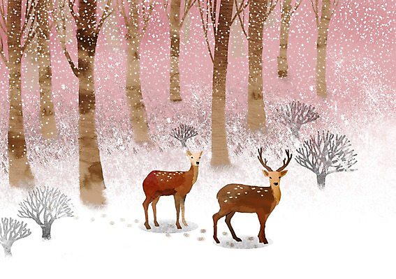 PSD 나무 식물 동물 사계절 계절 백그라운드 두마리 겨울 일러스트 포유류 사슴 풍경 사람없음 설원 눈 발자국 눈내림 겨울배경 국내일러스트 자연요소 2 자국 날씨 눈_날씨 파일형식