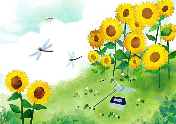 PSD 식물 동물 사계절 계절 꽃 곤충 백그라운드 꽃밭 일러스트 해바라기 풍경 사람없음 여름 잠자리 수집 곤충채집 채집망 국내일러스트 파일형식