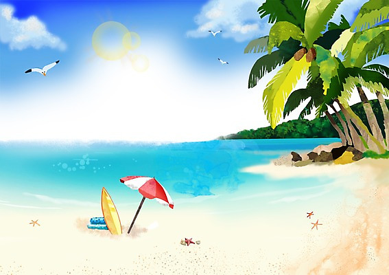 PSD 나무 식물 동물 구름 사계절 계절 모래 바다 백그라운드 일러스트 갈매기 조류 하늘 풍경 해변 사람없음 여름 모래사장 야자수 파라솔 서핑보드 보드 국내일러스트 자연요소 스포츠 보드_스포츠 파일형식