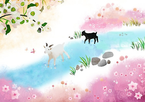 PSD 식물 동물 사계절 계절 꽃 나비 곤충 백그라운드 두마리 일러스트 포유류 염소 풍경 사람없음 계곡 봄 돌_바위 개울 소 봄배경 국내일러스트 2 강 파일형식