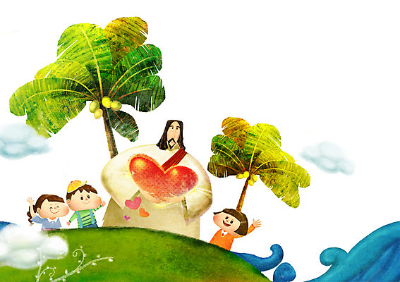 PSD 나무 식물 구름 여자 남자 기독교 종교 어린이 백그라운드 일러스트 사랑 미소 웃음 사람 소녀 소년 여러명 성인 야자수 믿음 희망 하트 예수 국내일러스트 자연요소 모양 감정 다수 표정 신_종교 파일형식