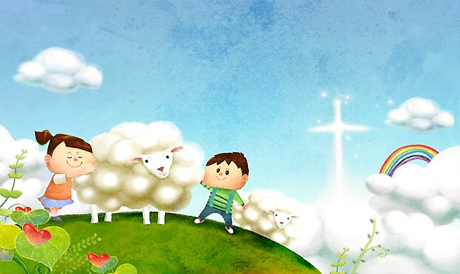 PSD 식물 동물 구름 여자 남자 기독교 종교 어린이 백그라운드 십자가 무지개 잎 일러스트 포유류 미소 웃음 사람 소녀 소년 두명 믿음 희망 양 어린이만 국내일러스트 자연요소 감정 표정 파일형식