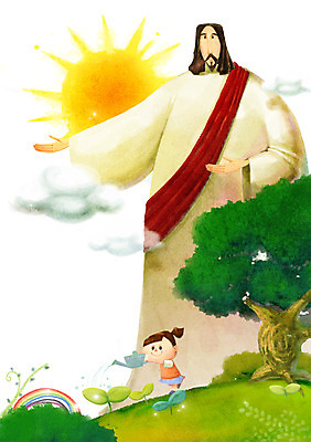 PSD 나무 식물 구름 여자 남자 기독교 종교 어린이 백그라운드 십자가 무지개 일러스트 미소 웃음 사람 소녀 성인 두명 태양 새싹 믿음 희망 물뿌리개 예수 물주기 국내일러스트 자연요소 감정 모션 표정 신_종교 파일형식