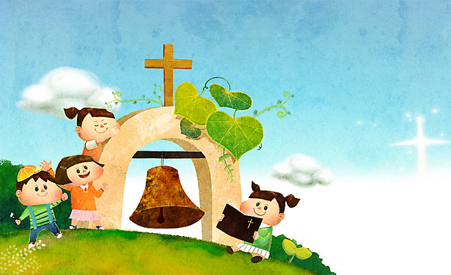 PSD 식물 구름 여자 남자 기독교 종교 어린이 백그라운드 십자가 잎 일러스트 미소 웃음 사람 소녀 소년 여러명 새싹 믿음 성경 희망 종 언덕 어린이만 국내일러스트 자연요소 감정 다수 종교용품 표정 파일형식