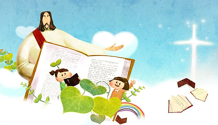 PSD 식물 구름 여자 남자 기독교 종교 어린이 백그라운드 십자가 무지개 잎 일러스트 미소 웃음 사람 소녀 성인 세명 믿음 성경 희망 예수 국내일러스트 자연요소 감정 종교용품 표정 신_종교 파일형식