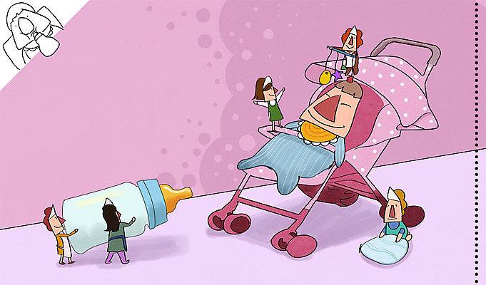 PSD 라이프스타일 여자 남자 일러스트 사람 여러명 성인 라이프 아기용품 아기 신생아 우유병 젖병 병 오브젝트 유모차 가정부 도우미 국내일러스트 직업 식기 다수 병_용기 생활 우유 파일형식