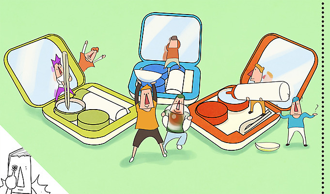 PSD 라이프스타일 여자 남자 일러스트 집게 사람 여러명 성인 라이프 거울 오브젝트 식염수 콘택트렌즈 성인만 국내일러스트 다수 생활 파일형식