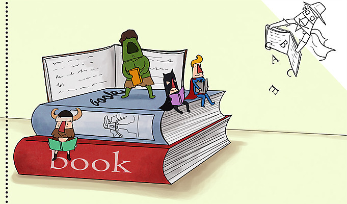 PSD 라이프스타일 남자 일러스트 사람 여러명 성인 라이프 책 독서 오브젝트 슈퍼맨 영웅 바이킹 베트맨 남자만 성인남자만 성인만 국내일러스트 다수 생활 파일형식