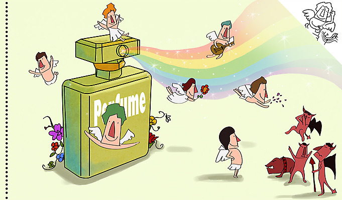 PSD 식물 라이프스타일 여자 남자 꽃 무지개 일러스트 천사 사람 여러명 성인 라이프 병 악마 향수 오브젝트 향기 향 향수병 성인만 국내일러스트 자연요소 식기 다수 생활 화장품 냄새 병_담는 파일형식