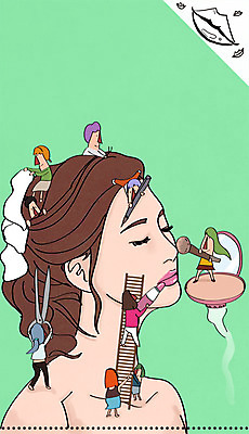 PSD 모델 라이프스타일 여자 남자 일러스트 사다리 가위 사람 여러명 성인 라이프 화장 뷰티 화장품 립스틱 화장용품 붓 오브젝트 파우더 메이크업브러쉬 미용가위 성인만 국내일러스트 다수 문구용품 가위_도구 생활 도구 미용용품 파일형식