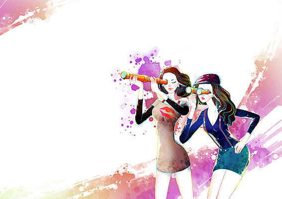 PSD 모델 우먼라이프 라이프스타일 응시 여자 패션 포즈 일러스트 서기 미소 웃음 사람 성인 두명 라이프 망원경 관찰 관측 여자만 성인여자만 성인만 국내일러스트 시선 모션 표정 생활 파일형식