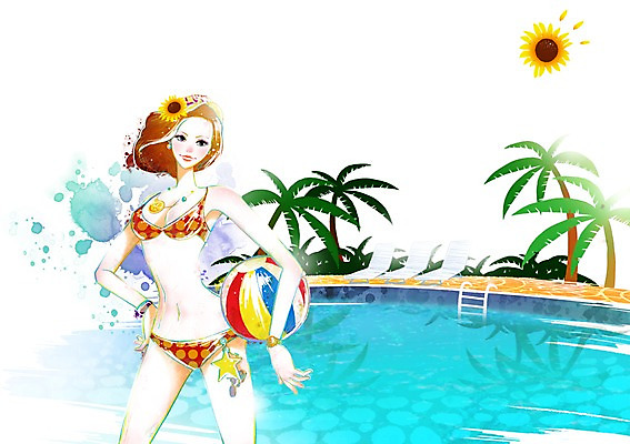 PSD 나무 식물 모델 우먼라이프 라이프스타일 계절 여자 패션 수영복 꽃 포즈 일러스트 공 해바라기 수영장 한명 서기 미소 웃음 사람 성인 라이프 여름 비키니 야자수 풀장 수영 비치볼 여자만 여자한명만 성인여자만 성인만 국내일러스트 1 옷 모션 바캉스용품 표정 생활 수상스포츠 파일형식