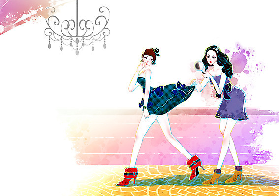 전신 PSD 모델 우먼라이프 라이프스타일 드레스 옷 원피스 여자 패션 포즈 일러스트 서기 미소 웃음 사람 성인 두명 라이프 파티 거울 샹들리에 손거울 파티복 여자만 성인여자만 성인만 국내일러스트 모션 조명 표정 이벤트 생활 파일형식