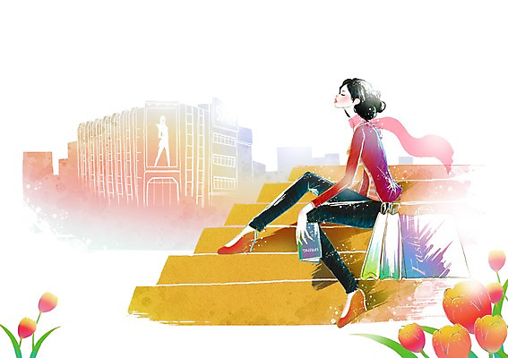 전신 PSD 식물 모델 우먼라이프 라이프스타일 계절 여자 패션 꽃 포즈 일러스트 휴식 한명 사람 앉기 빌딩 성인 건물 라이프 쇼핑 종이봉투 쇼핑백 계단 스카프 봄 튤립 백화점 여자만 여자한명만 성인여자만 성인만 국내일러스트 1 건축물 컨셉 가방 모션 봉투 생활 상점 목도리 파일형식